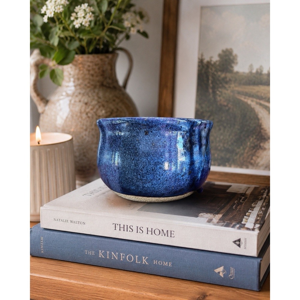 Studio Art Pottery Bowl Cobalt Blue Drip Glaze Hand Thrown Signed 5" VTG Cottage